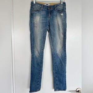 PAIGE 14” Waist Distressed Denim with Red Accents, Light Blue, Size 25.